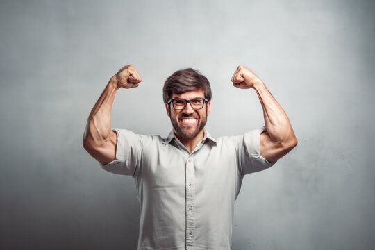 Sports nerd with huge muscle arms isolated on gray background. Man with muscles holding fists in the air. Generative AI