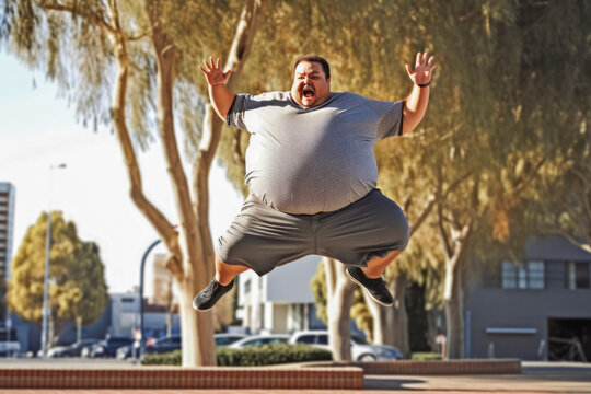 Overweight man jumping in the air outdoors. Happy male jumping. Generative AI