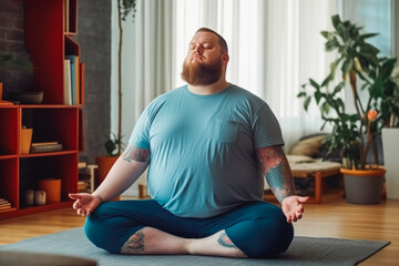 Obese overweight man practicing yoga at home. Active lifestyle, fitness and healthy habits concept. Generative AI