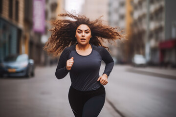 Fototapeta na wymiar Beautiful black overweight woman running in the streets. Active lifestyle and healthy habits concept. Generative AI