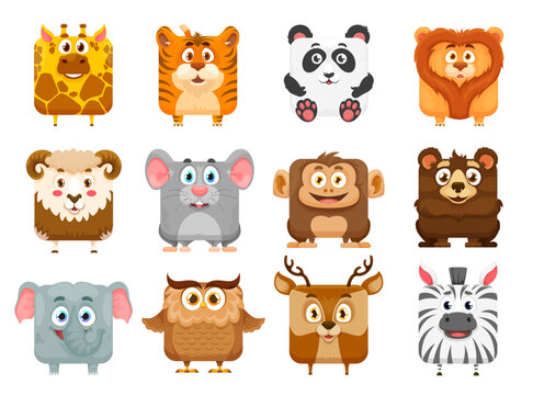 Square animal faces, kawaii cartoon characters and cute zoo animals, vector icons. Kawaii square face of mouse and bear, baby emoji stickers of panda, giraffe and elephant with zebra and monkey avatar