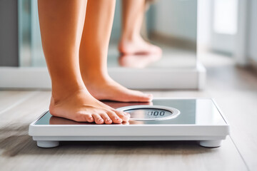 Fototapeta premium Feet on bathroom scale. Fitness and healthy lifestyle concept. Generative AI