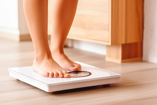 Feet on bathroom scale. Fitness and healthy lifestyle concept. Generative AI