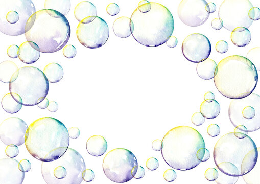 Watercolor border with colorful soap bubbles, water air bubble multicolor. frame isolated on a white background.