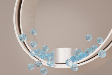 Cylindrical podium on a beige background inside metal rings. Falling blue crystal balls. Display presentation of cosmetic product. 3D illustration.