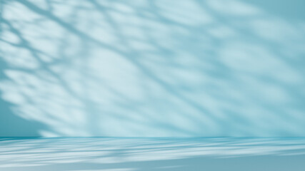 Abstract blue background with branch shadows and sunlight. Backdrop for product presentation.