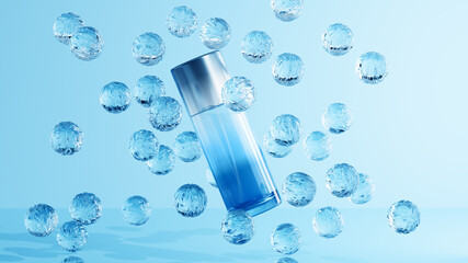 Unbranded glass cosmetic bottle on blue background. Levitating crystal balls. Perfume product presentation.