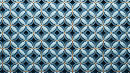 Abstract geometric beautiful background. Shiny ceramic blue tiles with golden elements. 3d render illustration.