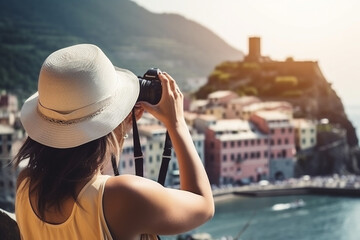Fototapeta na wymiar back view of Female tourist making a photo of Vernazza