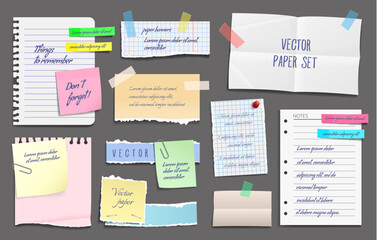 Paper notes, stickers, sticky sheets and tape. To do list empty paper pieces, reminder memo note torn sticker or business task planner colorful realistic vector sticky sheets with pins, paper clip