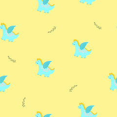 Dragon seamless pattern.Hand drawn illustration with blue dragon and botanical elements for kids textile,clothes,accessories,nursery decor. Doodle vector cartoon character print design apparel