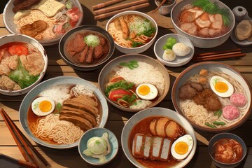 Fototapeta na wymiar Japanese food noodle table. Generate Ai