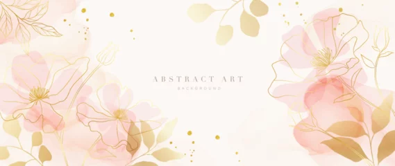 Schilderijen op glas Geschilderde Bloemen Spring floral in watercolor vector background. Luxury flower wallpaper design with wild flowers, line art, golden texture. Elegant gold botanical illustration suitable for fabric, prints, cover.  © TWINS DESIGN STUDIO