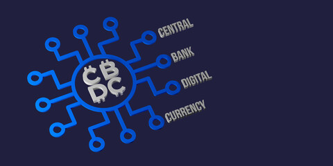 CBDC Central Bank Digital Currency banner on blue background. Futuristic fiat money symbol of different countries. 3d rendering illustration design. New generation of Goverment finance control.