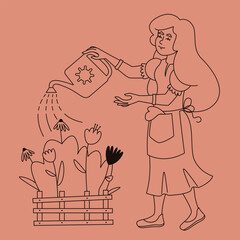 Woman waters flowers. Female person in outline style.