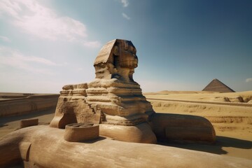 The sphinx and pyramid in the desert. Generative AI.
