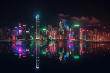 The colorful light of city skyline at night. Generative AI.
