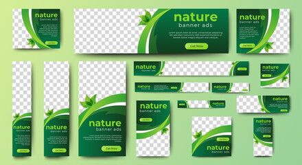 Nature banner design web template Set, Horizontal header web banner. Modern Gradient green cover header background for website design, Social Media Cover ads banner, flyer, invitation card