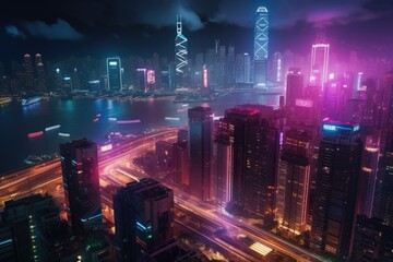 Fototapeta na wymiar The colorful light of city skyline at night. Generative AI.