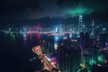 The colorful light of city skyline at night. Generative AI.