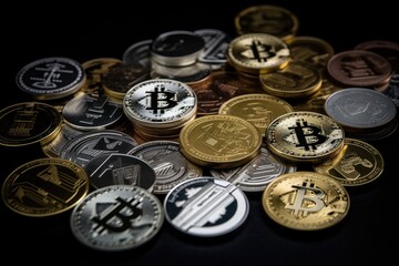 Bitcoin cryptocurrencies on black. Generative AI.