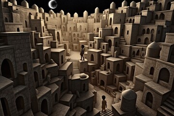 Obraz premium Old castles in the night with the moon. Generative AI.