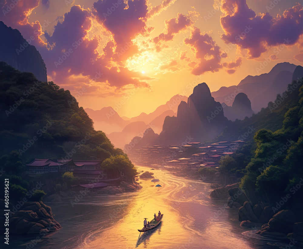 Canvas Prints sunset in the mountains over the river. generative ai.