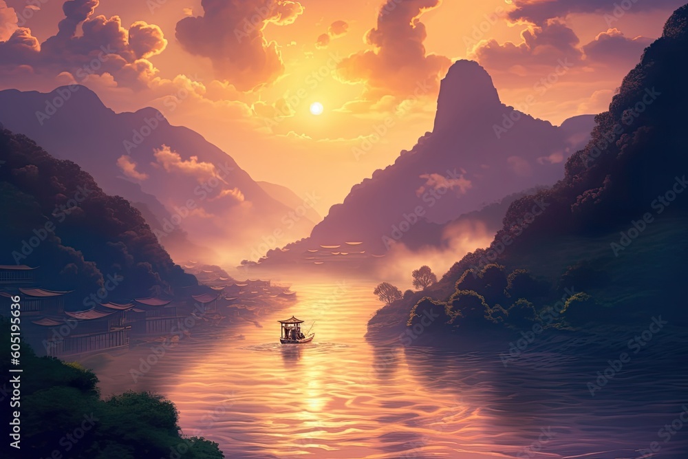 Canvas Prints sunset in the mountains over the river. generative ai.