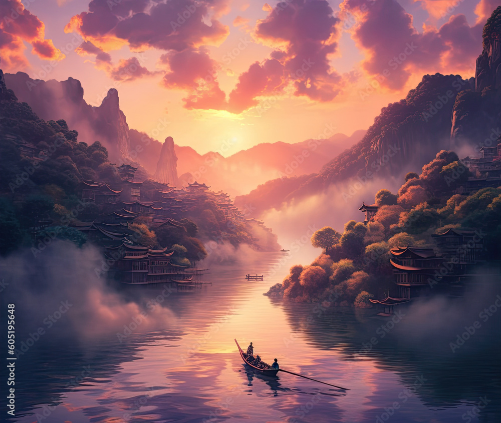 Canvas Prints sunset in the mountains over the river. generative ai.