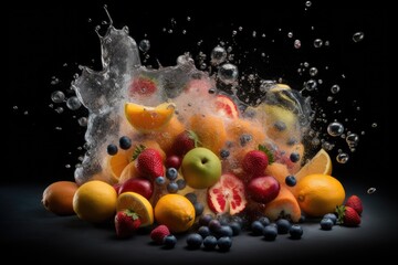 Fruits in water splashes. Generative AI.