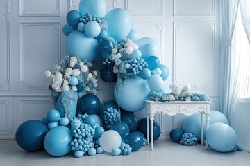 Christmas balloons decoration on a blue background. Generative AI.