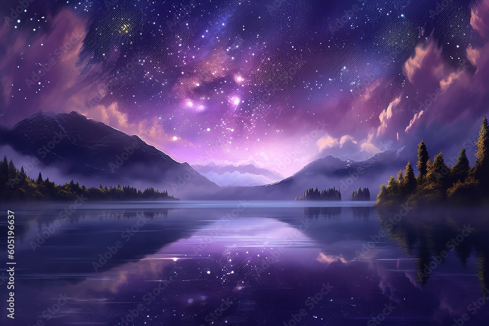 Poster a picture of a lake with some mountains in the background and stars in the sky generative ai