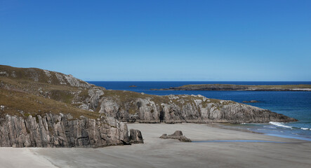 Beach and coast at Scottish Highlands. Durness Scotland. Mountains. Cliffs and rocks.