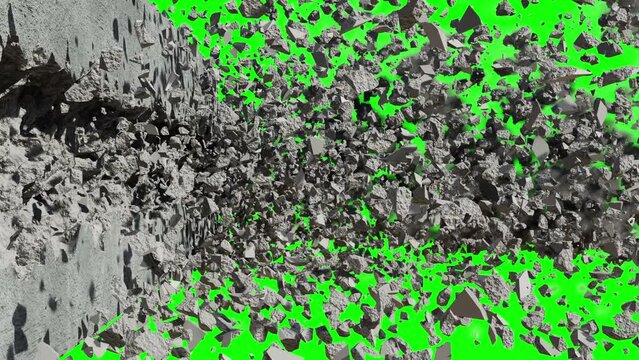 destruction of a wall. 3d animation of an exploding wall. cracking concrete wall. a destroyed wall on a green background