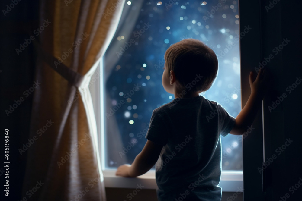 Wall mural back view of a little boy is standing near the window and looking outside imagining boundless space 