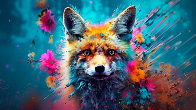 Close-up portrait of a red fox in fantasy background. Wildlife animals. Generative AI.