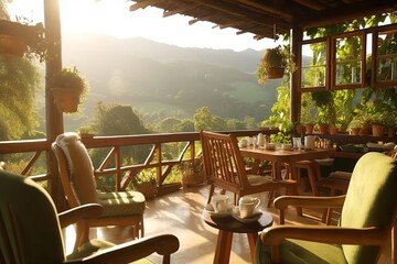 Cozy coffee shop nestled within the coffee plantation, with rustic decor, comfortable seating, and large windows offering a view of the picturesque landscape. Generative Ai