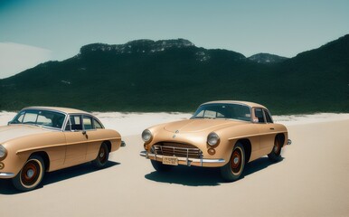 Fototapeta na wymiar two vintage cars parked on the beach - Generative AI