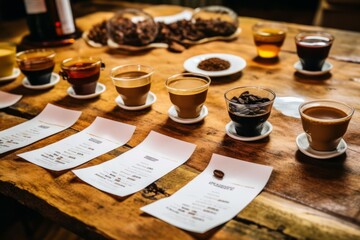 Coffee tasting session, with cups of coffee lined up on a rustic wooden table, highlighting the nuances and flavors of different coffee varieties. Generative AI