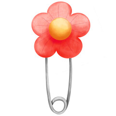 Watercolor red flower safety pin clipart. Hand painted school element illustration. Back to school,decoration,sticker,etc.