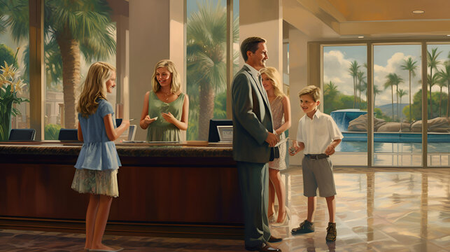 Smiling family of four in the hotel lobby check in at the reception for vacation Generative AI