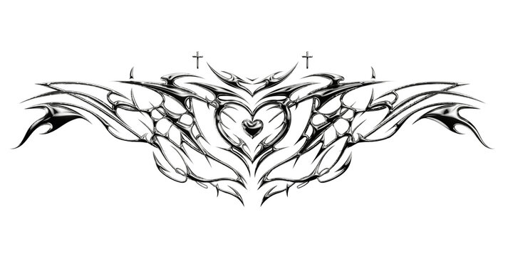 Succubus womb tattoo. Demon heart sigil, 3D chrome metal in triball style tattoos