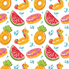 Collections of funny inflatable swimming pools in the form of watermelon, unicorn, donut and pineapple. Summer recreation and entertainment. Seamless pattern. Vector.