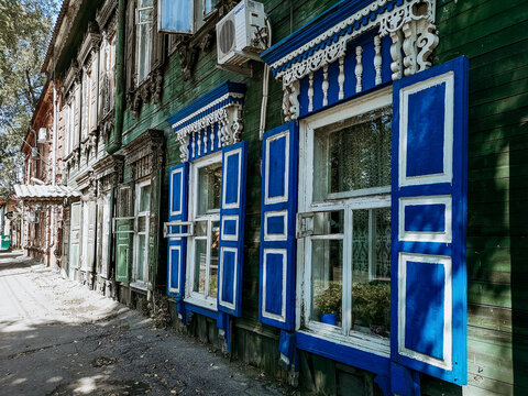 old colored wooden houses in Irkuck russia