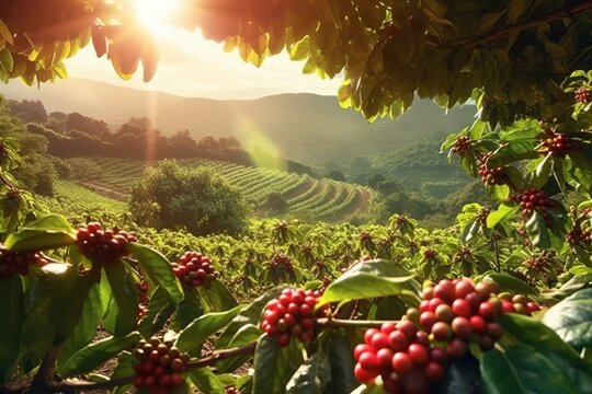 Rustic coffee plantation scene, showcasing rows of lush, green coffee plants, with ripe, red coffee cherries ready for harvest. Generative Ai