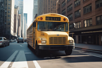 Naklejka na ściany i meble yellow school bus in new york city, AI