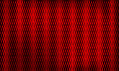 Dark red metal perforated texture. Red metal perforated background. Perforated metallic technology banner. Metal grill. Red geometric hexagonal mesh. Professional speaker structure background. Vector