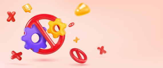 Forbidden cogwheel sign. Prohibition icon service gear. Gear icon crossed out in red circle 3d vector illustration. Repair ban. Gears is prohibited banner