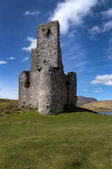 Ardvreck Castle, England, Scotland, Scottish highlands, Castle, mountains, lake, Loch Assynt, Westcoast. Ruin. 