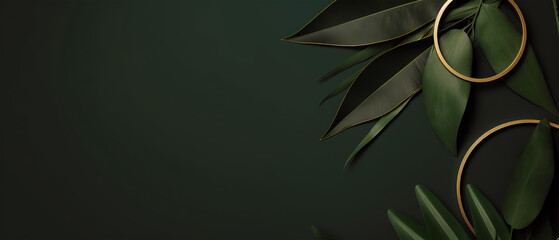 Tropical banner with circle frame, exotical foliage on a green background. Place for text. Mockup for invitation, web covers, ads. Minimal, nature,organic concept. Generative ai